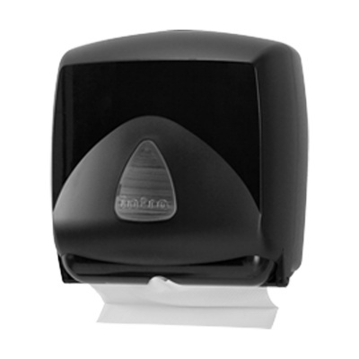 Dispenser preto de papel toalha com botão triangular e texto 'enMotion'
