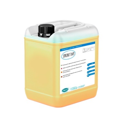 Recipiente plástico amarelo com tampa preta e etiqueta com texto SPRINT DAT