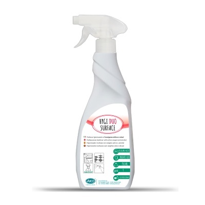 Frasco spray branco com etiqueta HYGI DUO SURFACE e instruções em várias línguas.