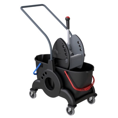 Carrinho de limpeza preto com cubas azul e vermelha e espremedor metálico