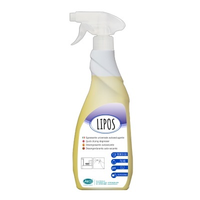 Frasco amarelo com pulverizador branco do produto de limpeza LIPOS
