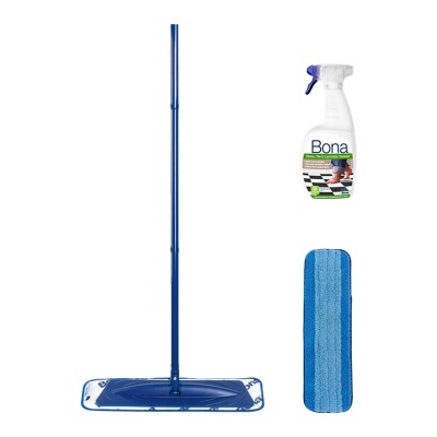 Conjunto de limpeza com esfregona azul, esfregona microfibra e spray Bona