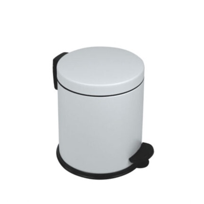 Lixeira pequena cilíndrica branca com tampa e pedal preto