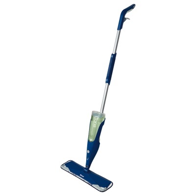 Aspirador de pó azul e prata com reservatório verde translúcido