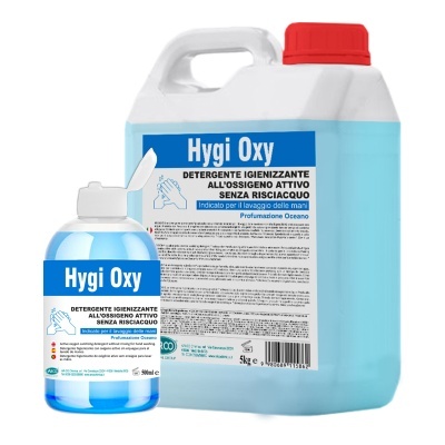 Dois recipientes de detergente higienizante Hygi Oxy, um pequeno e um grande