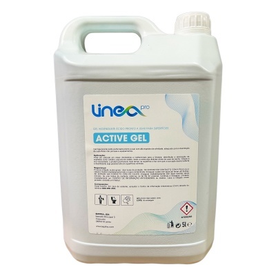 Recipiente branco de plástico de 5 litros com etiqueta de produto 'Linea pro ACTIVE GEL'