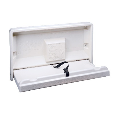 prateleira de parede branca em plástico com aba rebatível e correia preta