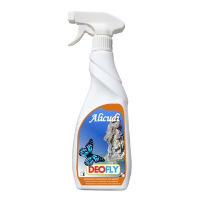 Frasco branco spray com rótulo borboleta azul e texto DEOFLY