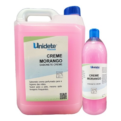 Duas embalagens de sabão creme morango Unidete, grandes e pequenas, plástico rosa com rótulos brancos