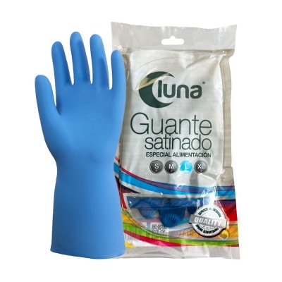 Luvas de proteção azuis em embalagem plástica transparente com etiqueta