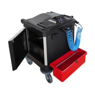 Carrinho preto de manutenção com rodas, tanque vermelho e mangueira azul