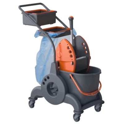Carrinho de limpeza cinza e laranja com balde e suporte para saco