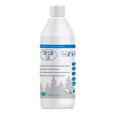 Frasco branco de gel higienizante Top Clor Gel com rótulo azul e branco