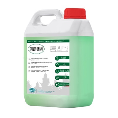 Recipiente plástico branco com líquido esverdeado e tampa vermelha com rótulo PULIFORNO