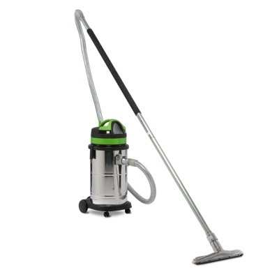 Aspirador de pó industrial prateado com detalhes verdes e pretos