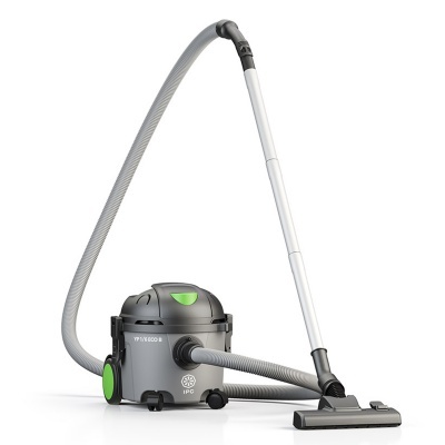 Aspirador de pó cinzento com detalhes verdes e mangueira flexível