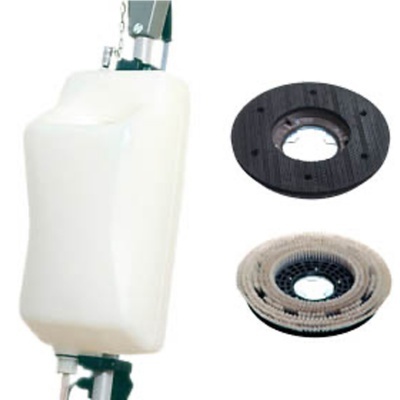 Reservatório branco de plástico com suporte metálico e duas tampas circulares