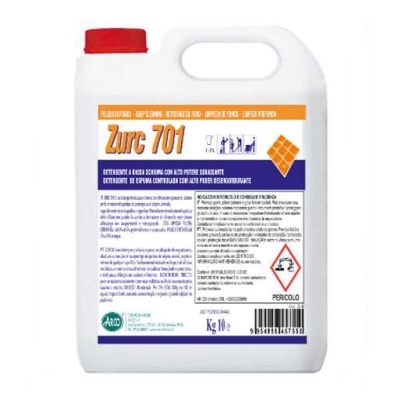 Recipiente plástico branco com tampa vermelha e rótulo detalhado do detergente Zurc 701