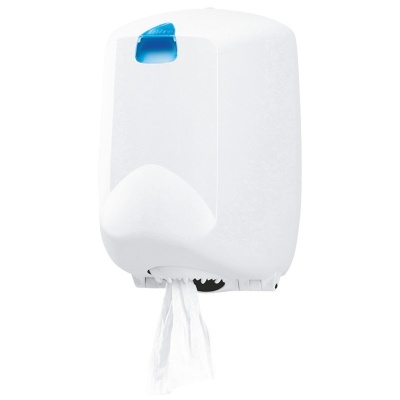 Dispenser de papel higiénico branco com detalhes em azul com papel pendurado