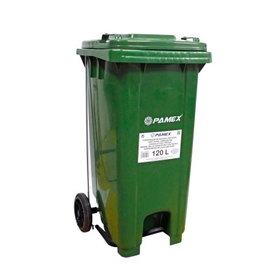 Contentor de lixo verde de plástico com rodas e etiqueta PAMEX 120 L