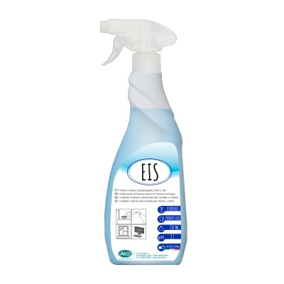 Frasco pulverizador azul e branco para limpeza com etiqueta EIS