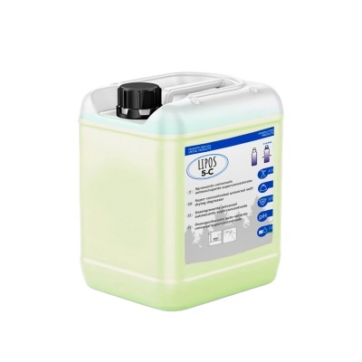 Recipiente plástico translúcido com líquido amarelo e rótulo LIPOS 5-C