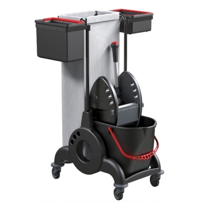 Carrinho de limpeza preto com balde e suporte em tecido cinzento