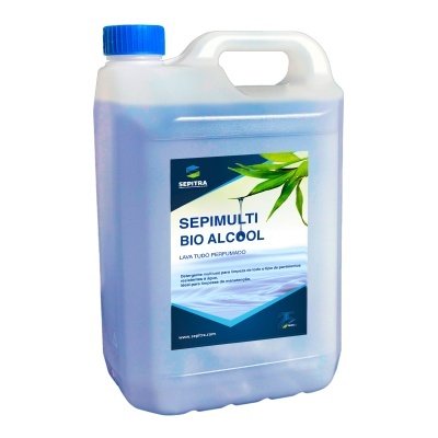 Recipiente plástico translúcido com rótulo de produto de limpeza SEPIMULTI BIO ALCOOL