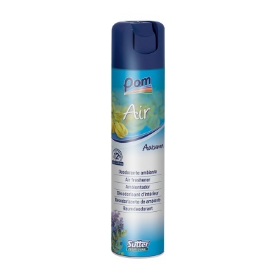 Spray ambientador Pom Air Autumn com design azul e imagens de folhas e flores