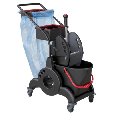 Carrinho de limpeza preto com saco azul e suportes para baldes