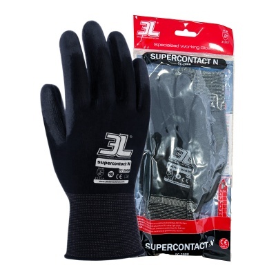 Luvas de trabalho pretas 3L SUPERCONTACT N com embalagem plástica vermelha e preta