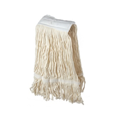 Mopa de algodão branca com faixa superior de tecido e franjas na base