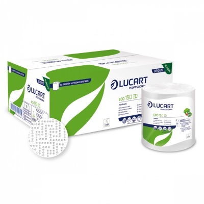 Caixa e rolo de papel toalhete branco Lucart Professional ECO 150 ID com padrão perfurado