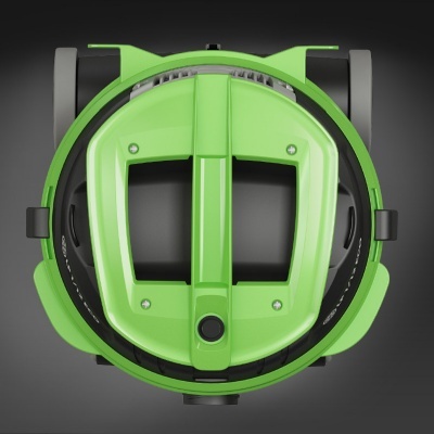 Robot aspirador verde e preto visto de cima