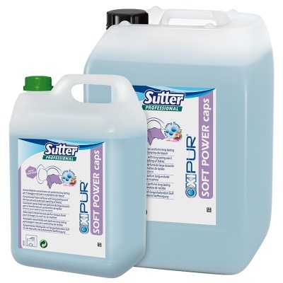 Duas embalagens plásticas de detergente azul Sutter Professional OXIPUR SOFT POWER caps