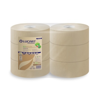 Dois rolos grandes de papel castanho Lucart com rótulo branco e azul sobre fundo branco