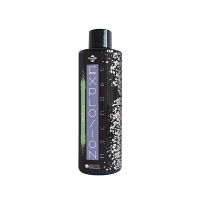 Frasco preto de perfume Explosion com design geométrico roxo e branco