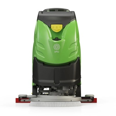 Máquina de limpeza industrial verde com escova branca e detalhes pretos e amarelos