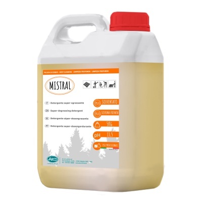 Bidão de detergente super-desengordurante MISTRAL branco e laranja com tampa vermelha