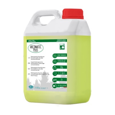 Recipiente plástico branco com tampa vermelha e rótulo verde de detergente líquido