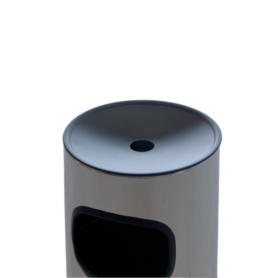 Recipiente metálico cilíndrico com tampa cinza e abertura oval frontal