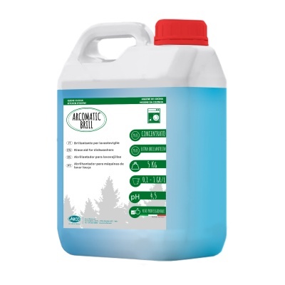 Galão plástico branco com líquido azul e etiqueta verde e branca ARCOMATIC BRILL