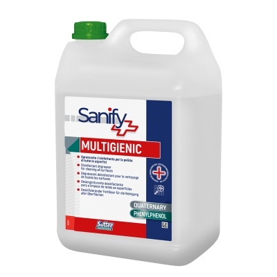 Recipiente plástico branco com tampa verde e rótulo Sanify MULTIGIENIC para desinfetante