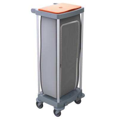 Carrinho cinza com tampa laranja e rodas para transporte