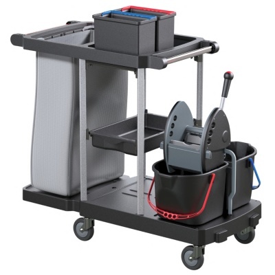 Carrinho de limpeza cinza e preto com rodas, saco para resíduos, baldes e sistema de torção para esfregona