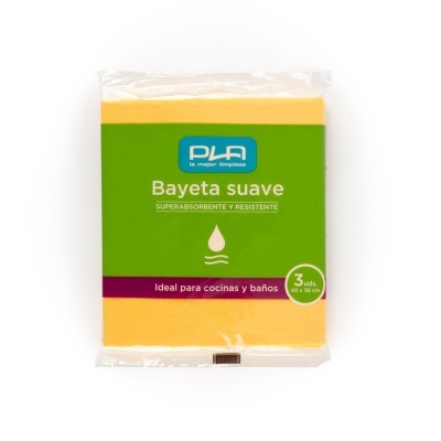 Pacote de 3 panos de limpeza amarelos embalados com etiqueta verde e roxa