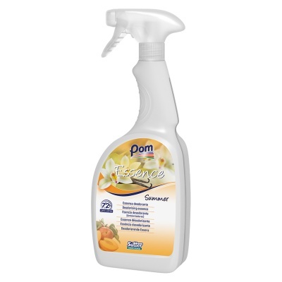 Frasco de spray branco com rótulo amarelo e branco com flores e pêssegos