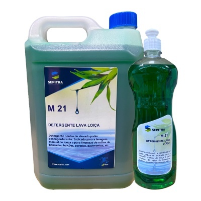 Dois recipientes de detergente lava loiça, garrafão grande e garrafa pequena com líquido verde