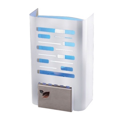 Suporte metálico branco com base cinza e padrão de recortes