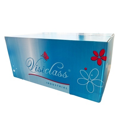 Caixa azul de cartão com logótipo Visiclass INDUSTRIAL e decorações de flores e borboleta